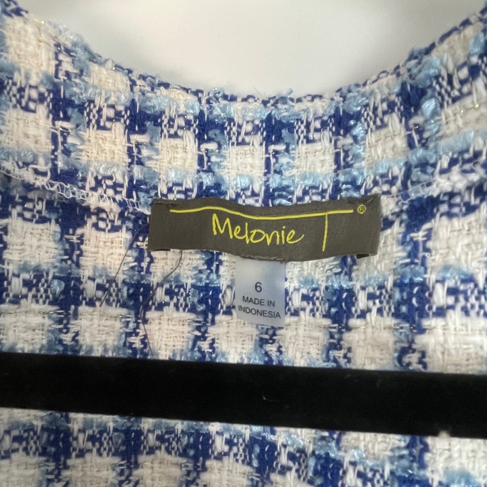 Melonie Women's Blue White Gingham Tweed Button Country Club Preppy Mini Dress 6 - Picture 7 of 8